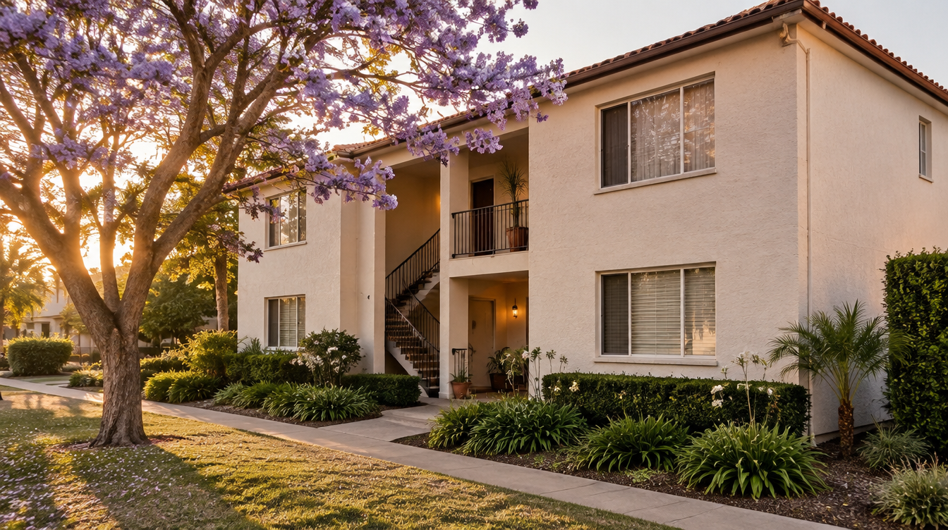 Illustrative image of a two-storey Southern California apartment building at golden hour