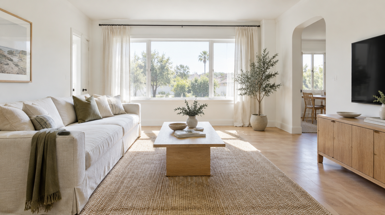 Illustrative image of a bright, simply furnished living room